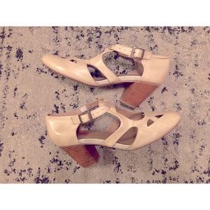 Miss Mooz Darling T-strap Leather Stacked Heels with Cut Out Toe — Cream, 10